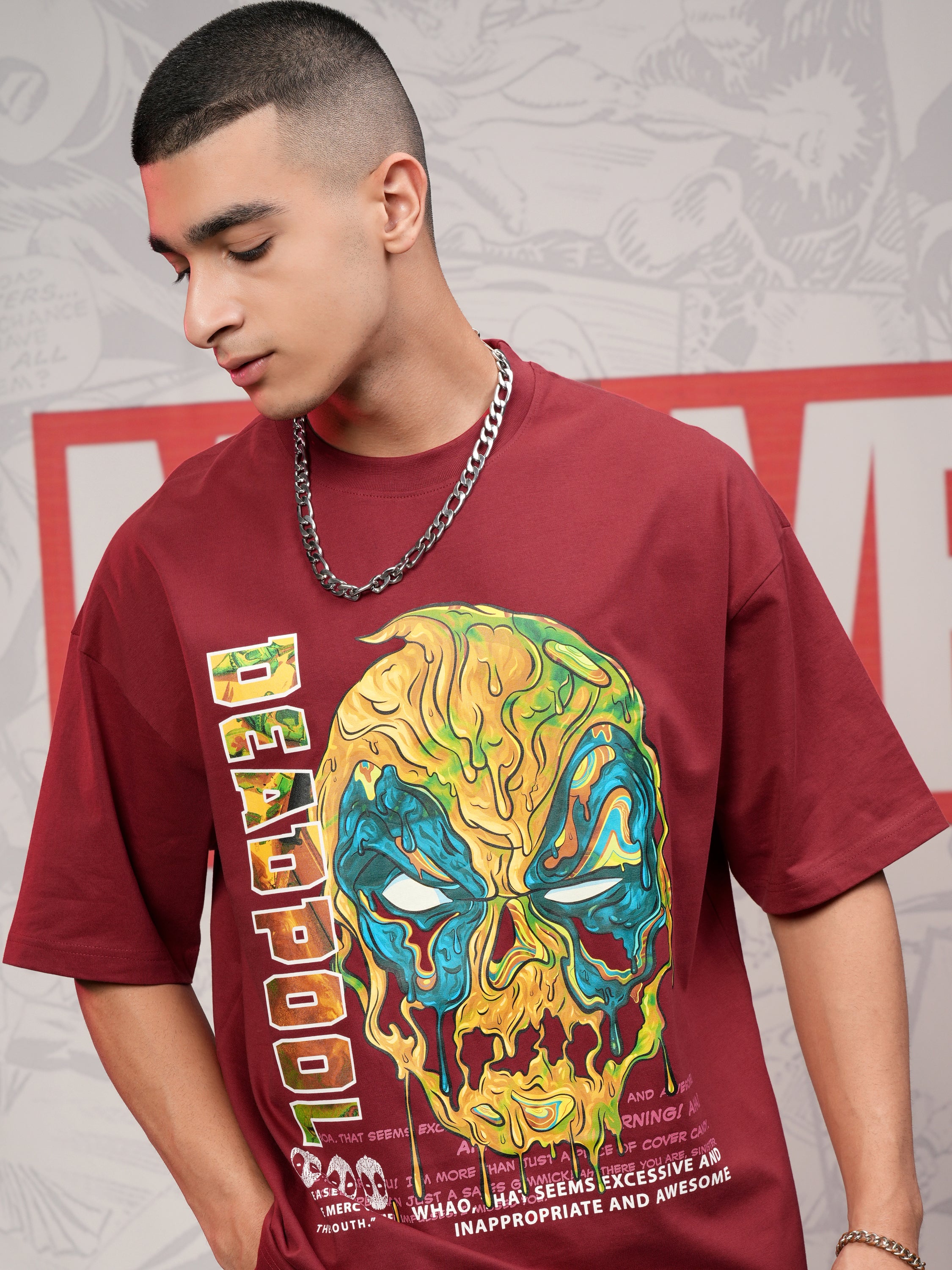 Marvel By Highlander Men Maroon Deadpool Printed Round Neck Oversized Fit T-Shirt - Maroon - Image 1