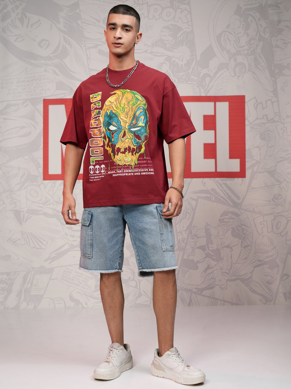 Marvel By Highlander Men Maroon Deadpool Printed Round Neck Oversized Fit T-Shirt - Maroon - Image 2