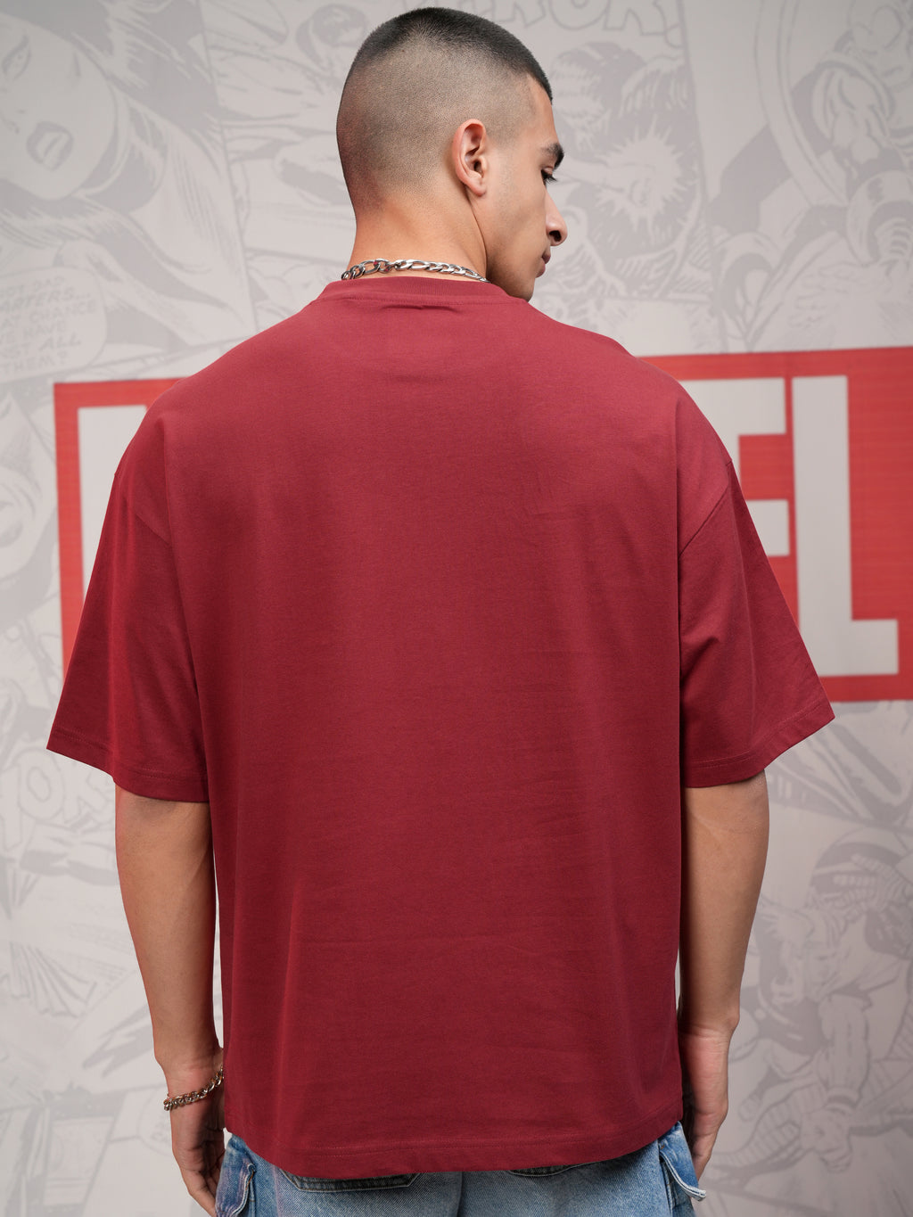 Marvel By Highlander Men Maroon Deadpool Printed Round Neck Oversized Fit T-Shirt - Maroon - Image 3
