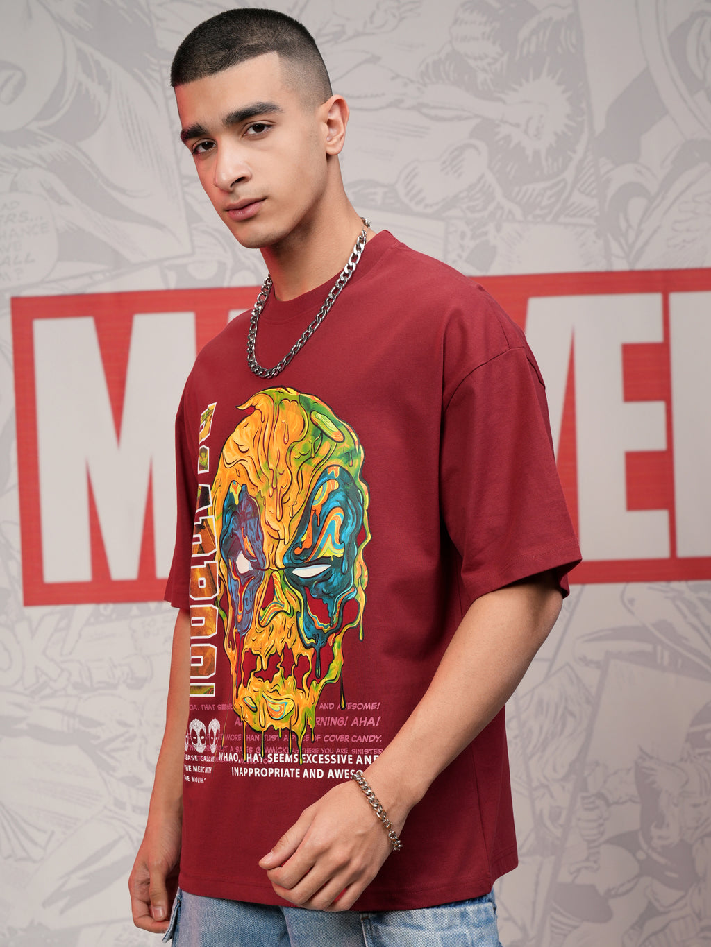 Marvel By Highlander Men Maroon Deadpool Printed Round Neck Oversized Fit T-Shirt - Maroon - Image 4