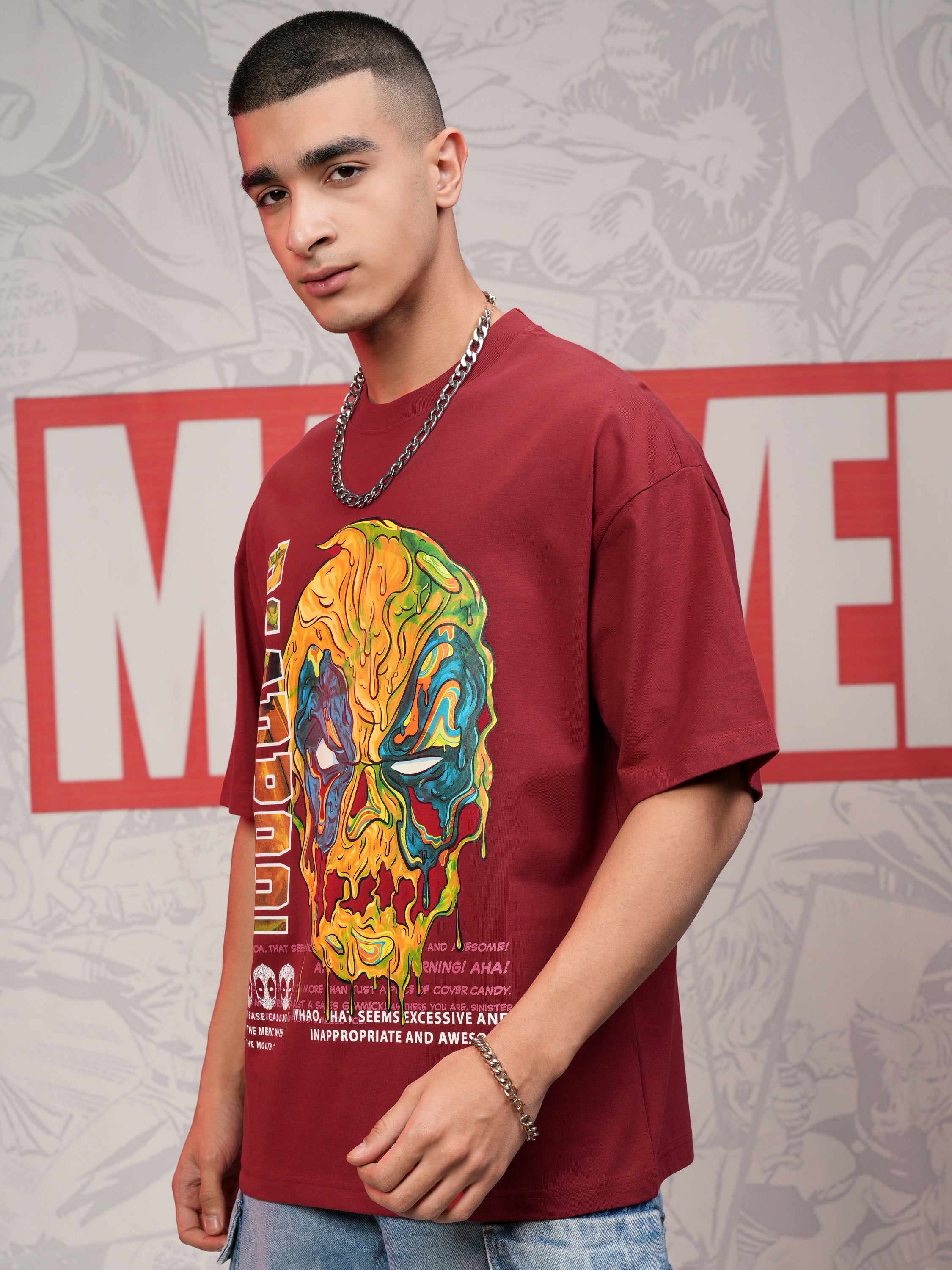 Marvel By Highlander Men Maroon Deadpool Printed Round Neck Oversized Fit T-Shirt - Maroon - Image 4
