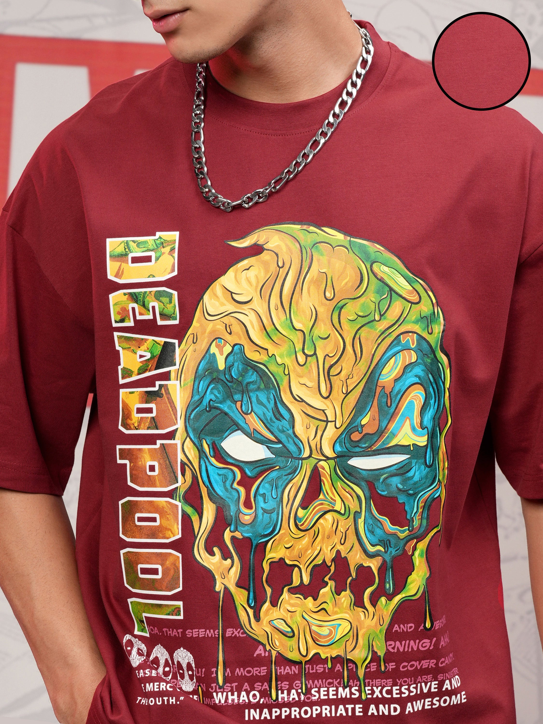 Marvel By Highlander Men Maroon Deadpool Printed Round Neck Oversized Fit T-Shirt - Maroon - Image 5