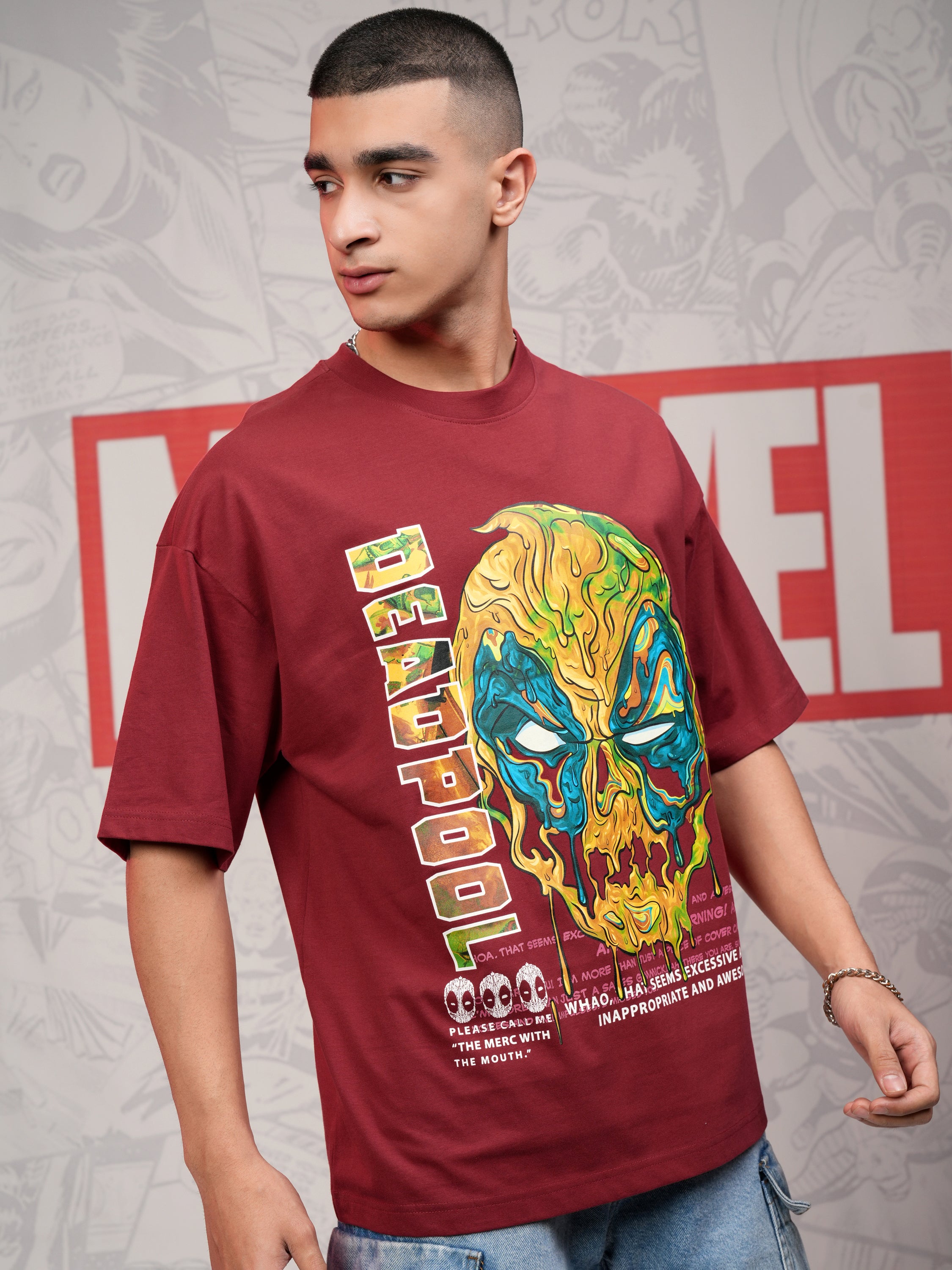 Marvel By Highlander Men Maroon Deadpool Printed Round Neck Oversized Fit T-Shirt - Maroon - Image 6