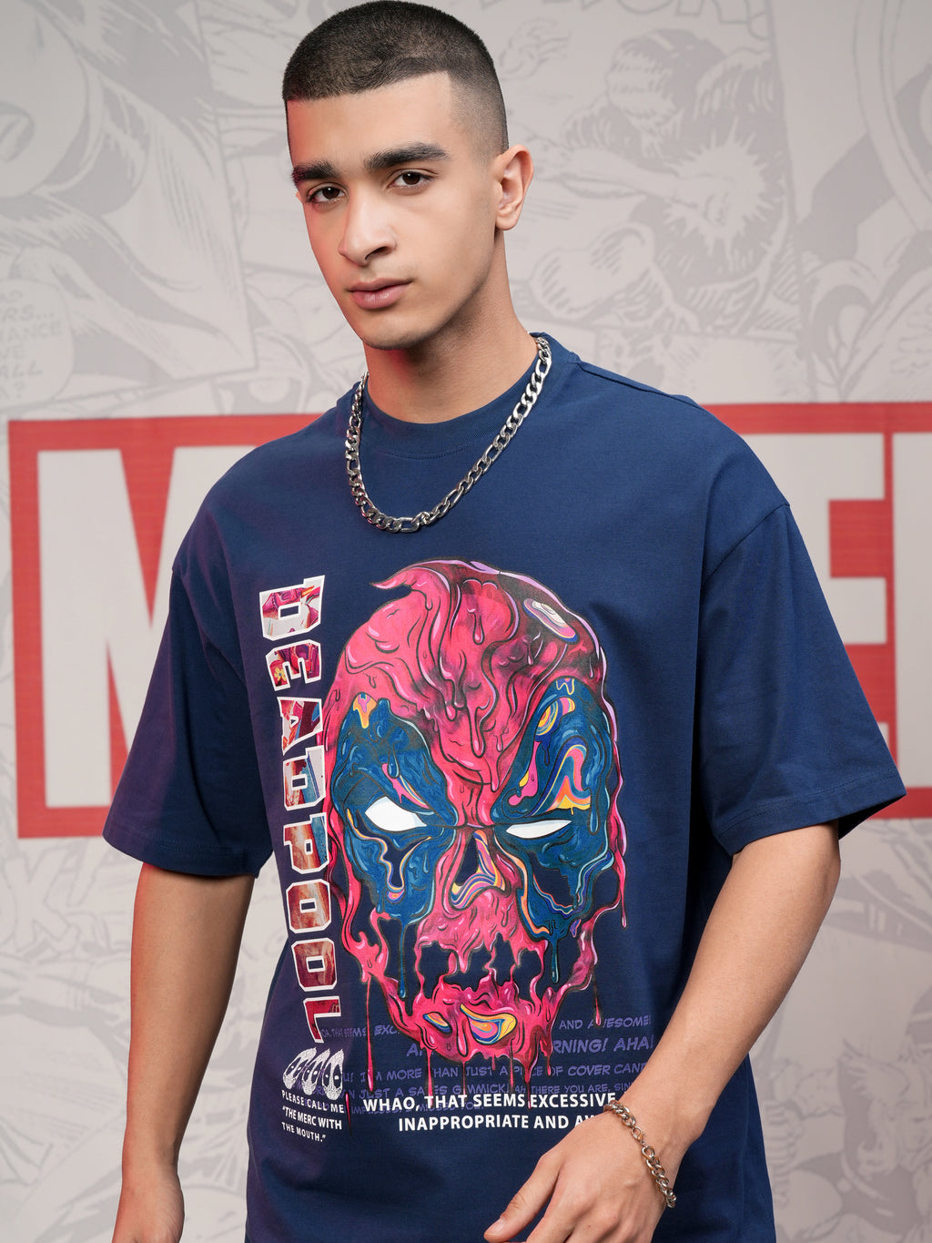 Marvel By Highlander Men Navy Blue Deadpool Printed Round Neck Oversized Fit T-Shirt - Navy Blue - Image 1