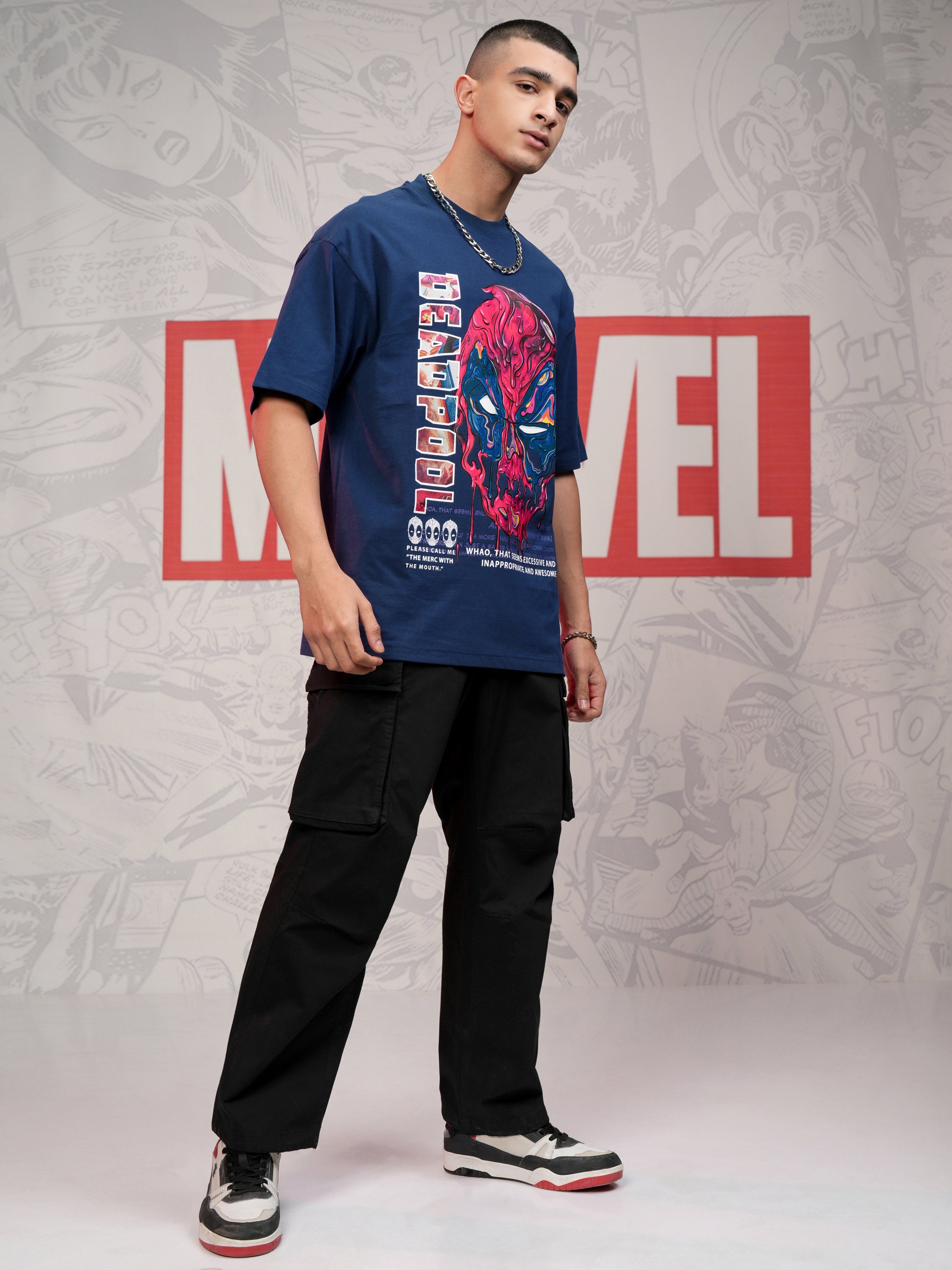 Marvel By Highlander Men Navy Blue Deadpool Printed Round Neck Oversized Fit T-Shirt - Navy Blue - Image 2