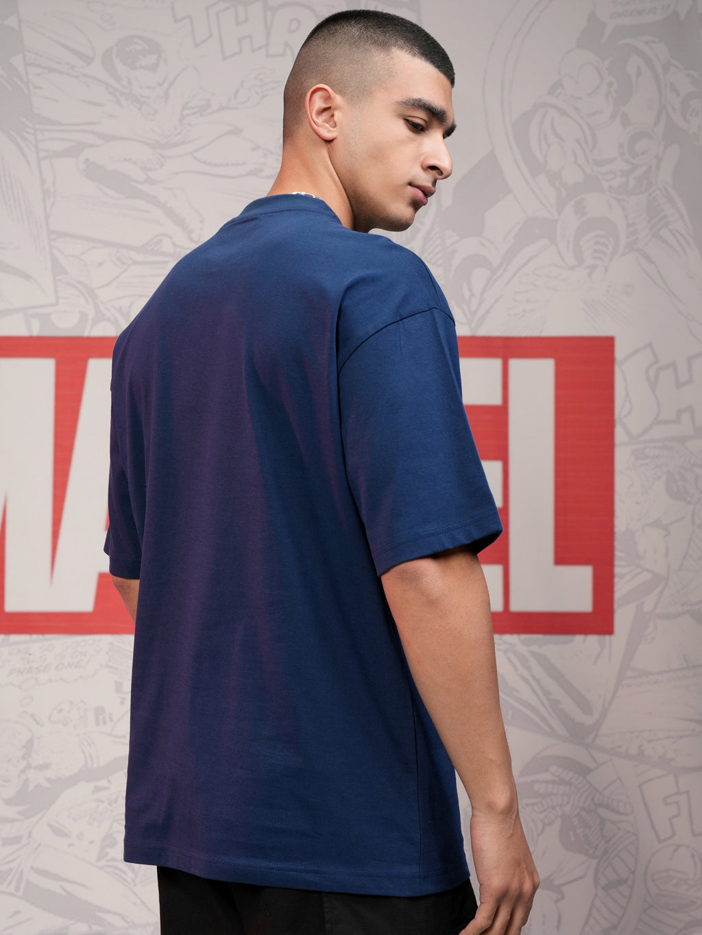 Marvel By Highlander Men Navy Blue Deadpool Printed Round Neck Oversized Fit T-Shirt - Navy Blue - Image 3