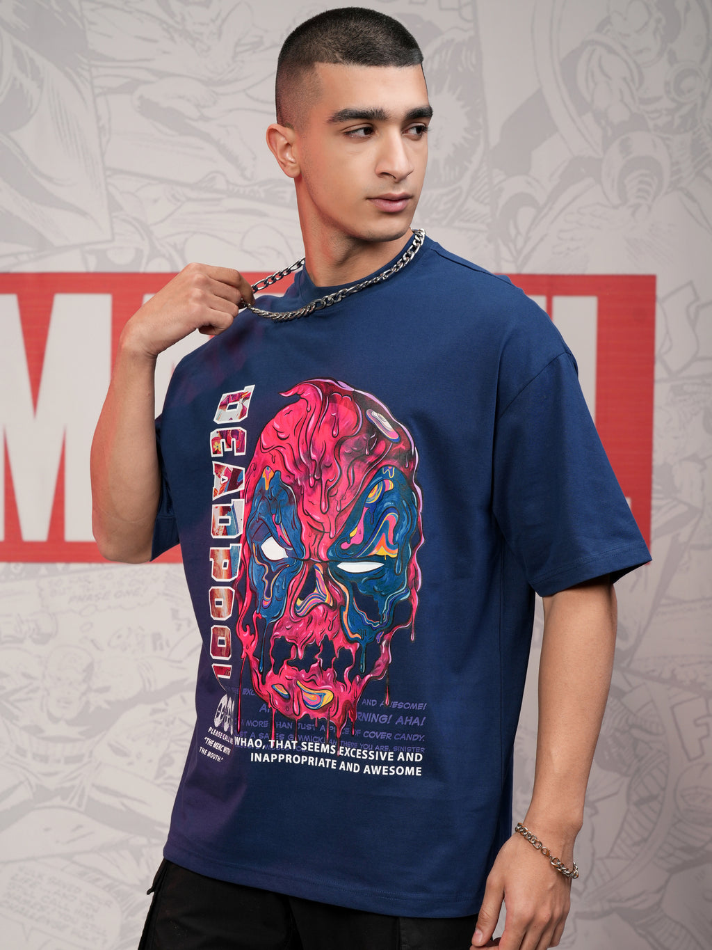 Marvel By Highlander Men Navy Blue Deadpool Printed Round Neck Oversized Fit T-Shirt - Navy Blue - Image 4