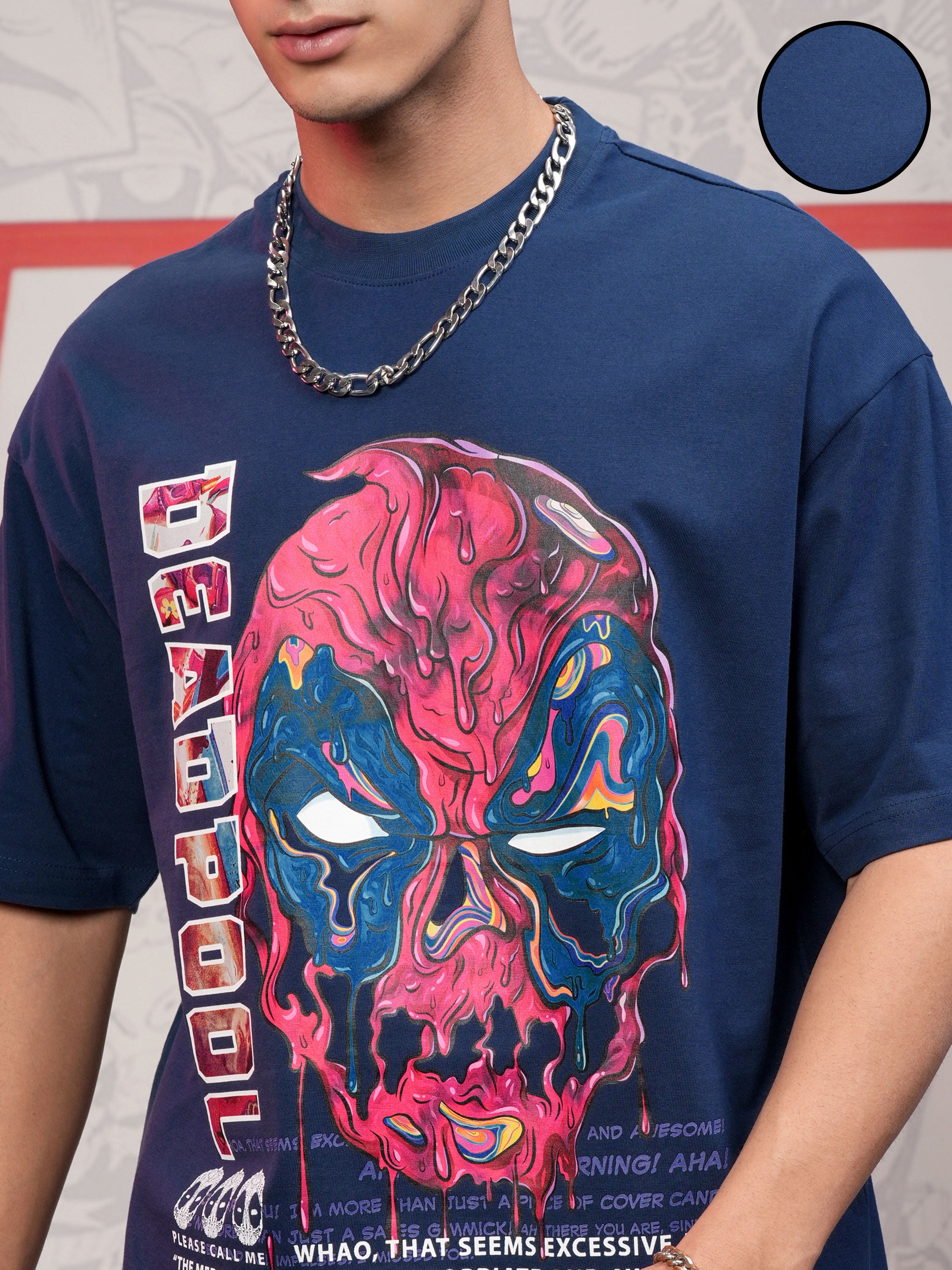 Marvel By Highlander Men Navy Blue Deadpool Printed Round Neck Oversized Fit T-Shirt - Navy Blue - Image 5