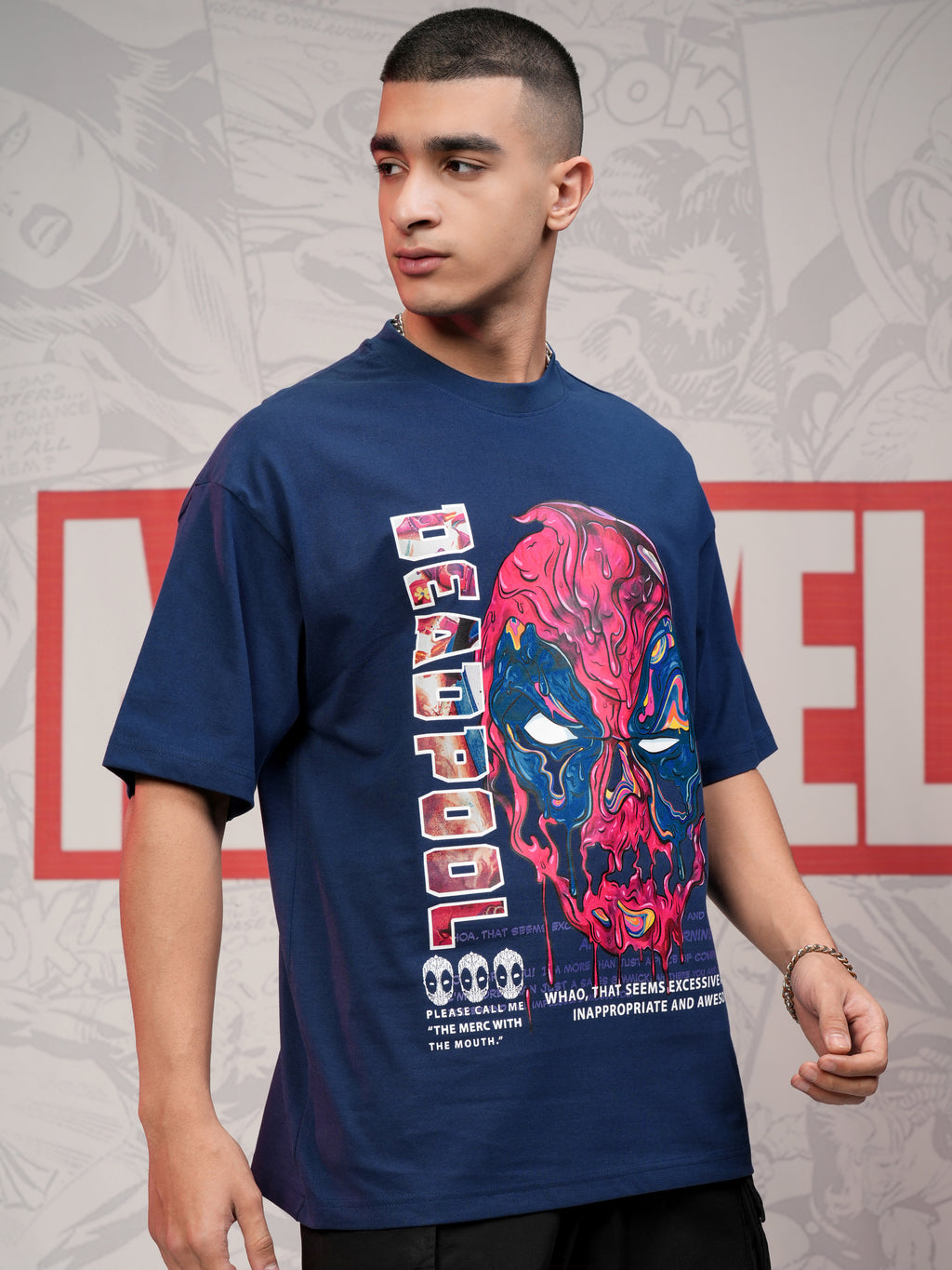 Marvel By Highlander Men Navy Blue Deadpool Printed Round Neck Oversized Fit T-Shirt - Navy Blue - Image 6
