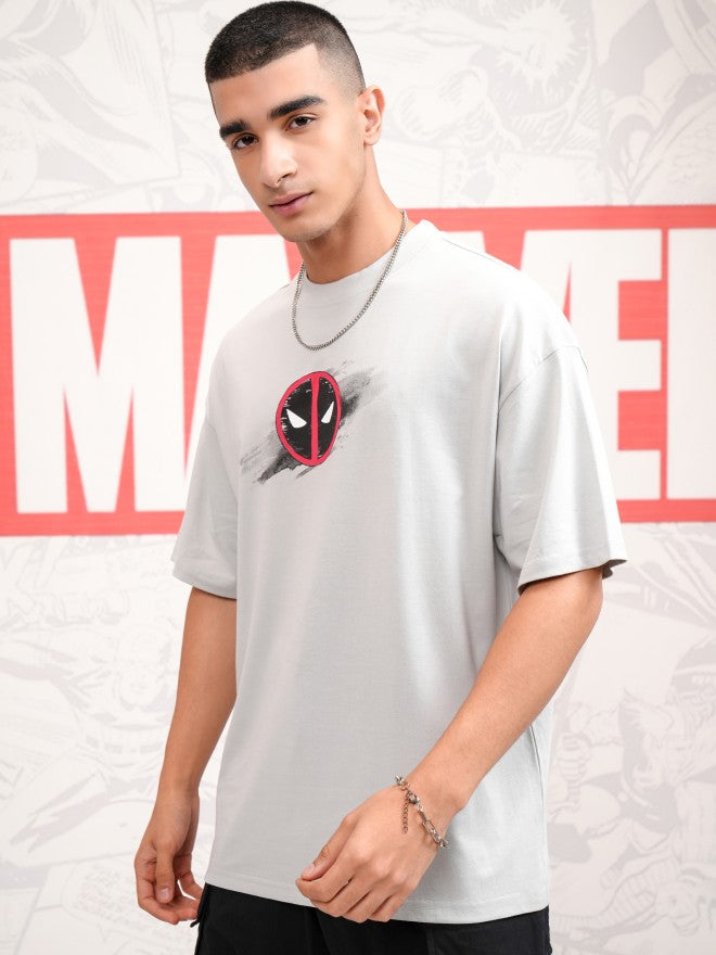 Marvel By Highlander Men Grey Deadpool Printed Round Neck Oversized Fit T-Shirt - Grey - Image 4