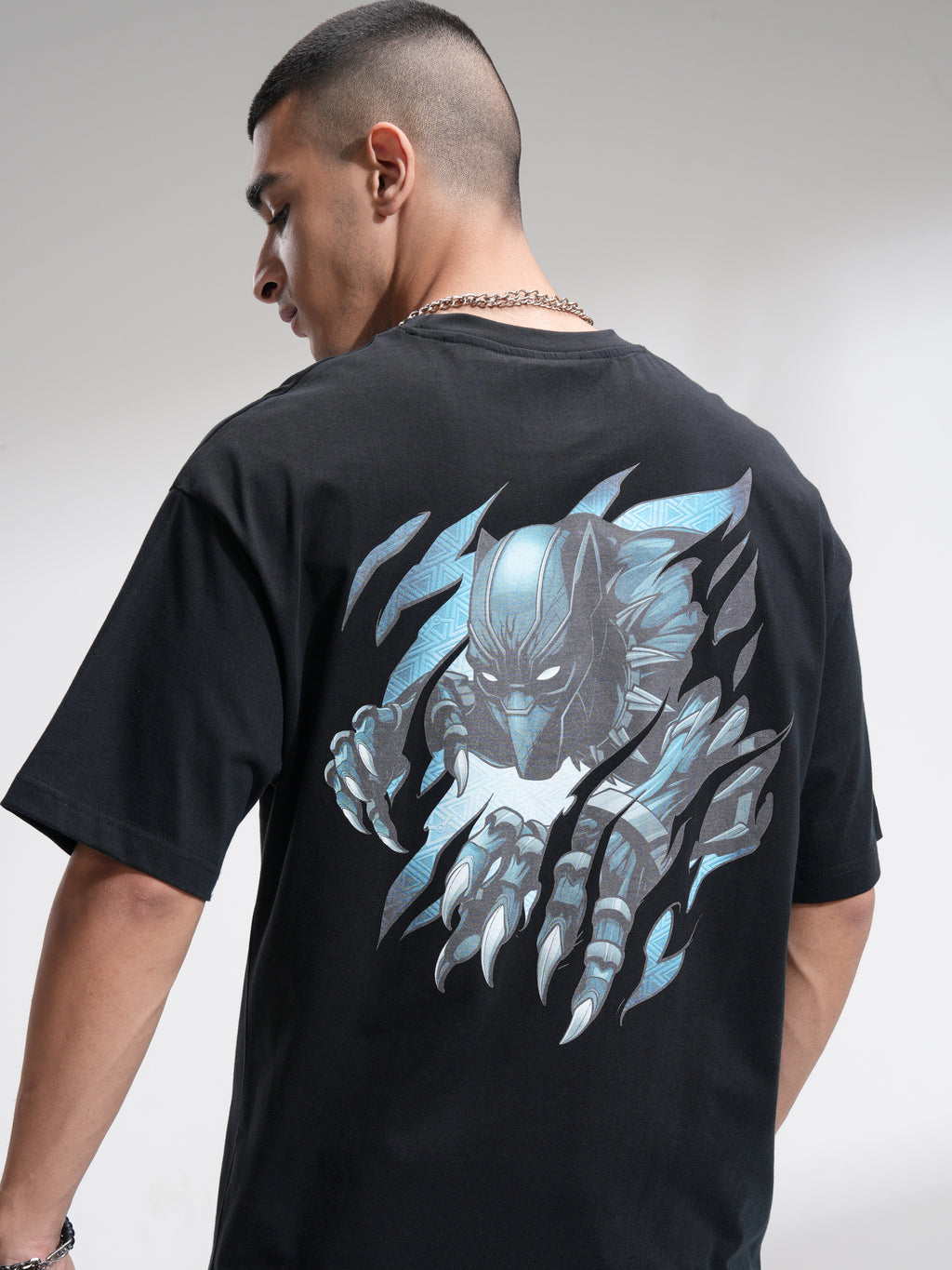 Marvel By Highlander Men Black Black Panther Printed Round Neck Oversized Fit T-Shirt - Black - Image 1