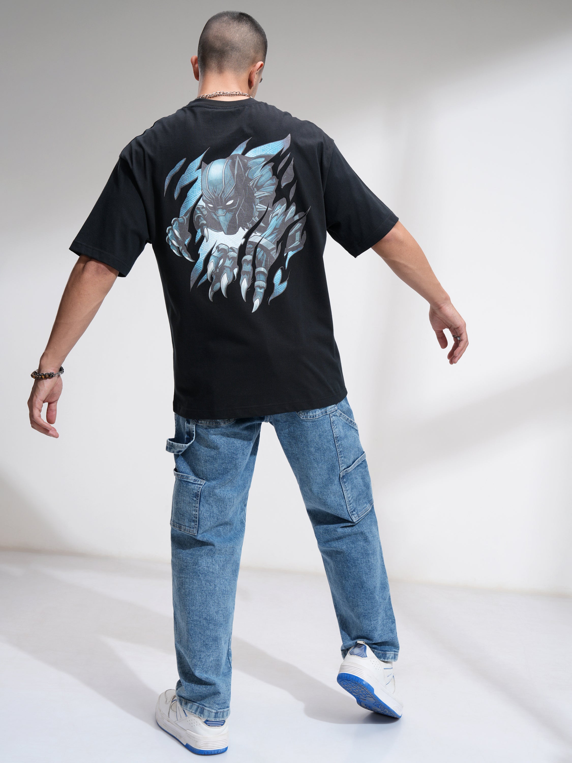 Marvel By Highlander Men Black Black Panther Printed Round Neck Oversized Fit T-Shirt - Black - Image 2