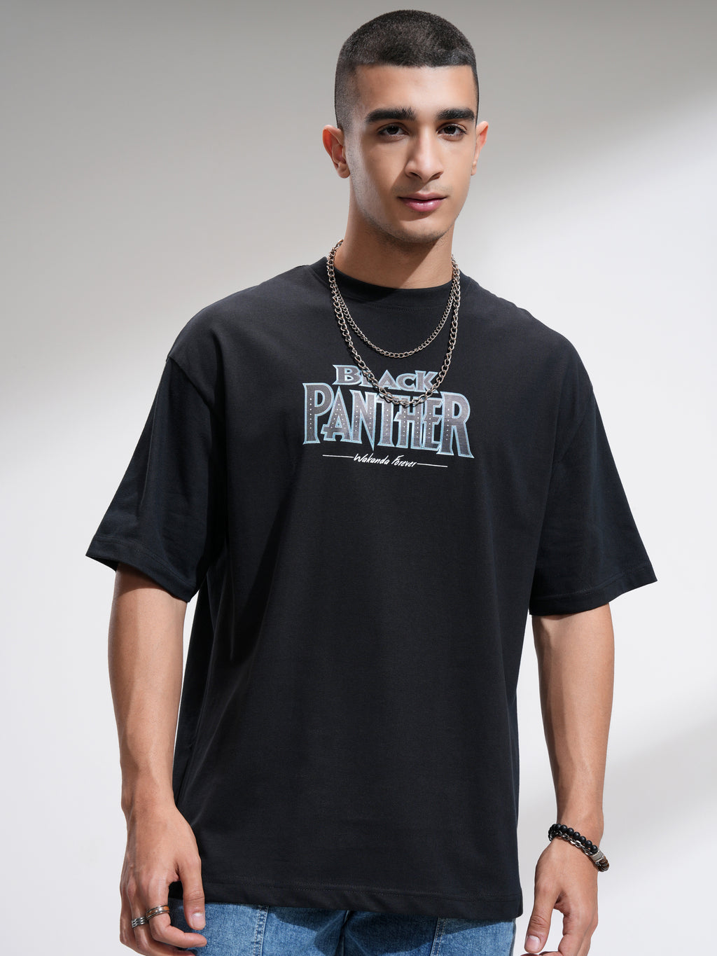 Marvel By Highlander Men Black Black Panther Printed Round Neck Oversized Fit T-Shirt - Black - Image 3