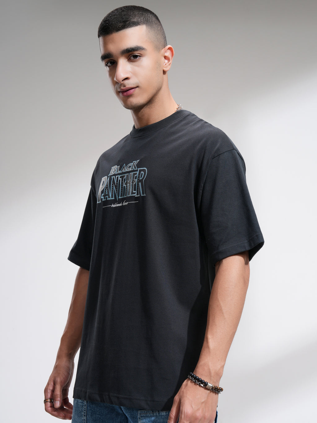 Marvel By Highlander Men Black Black Panther Printed Round Neck Oversized Fit T-Shirt - Black - Image 4