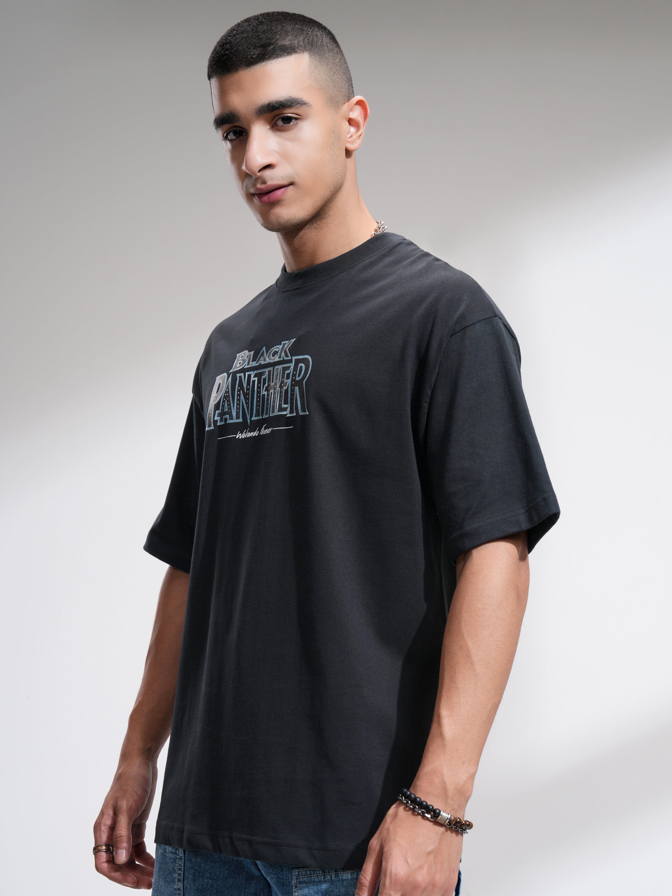 Marvel By Highlander Men Black Black Panther Printed Round Neck Oversized Fit T-Shirt - Black - Image 4
