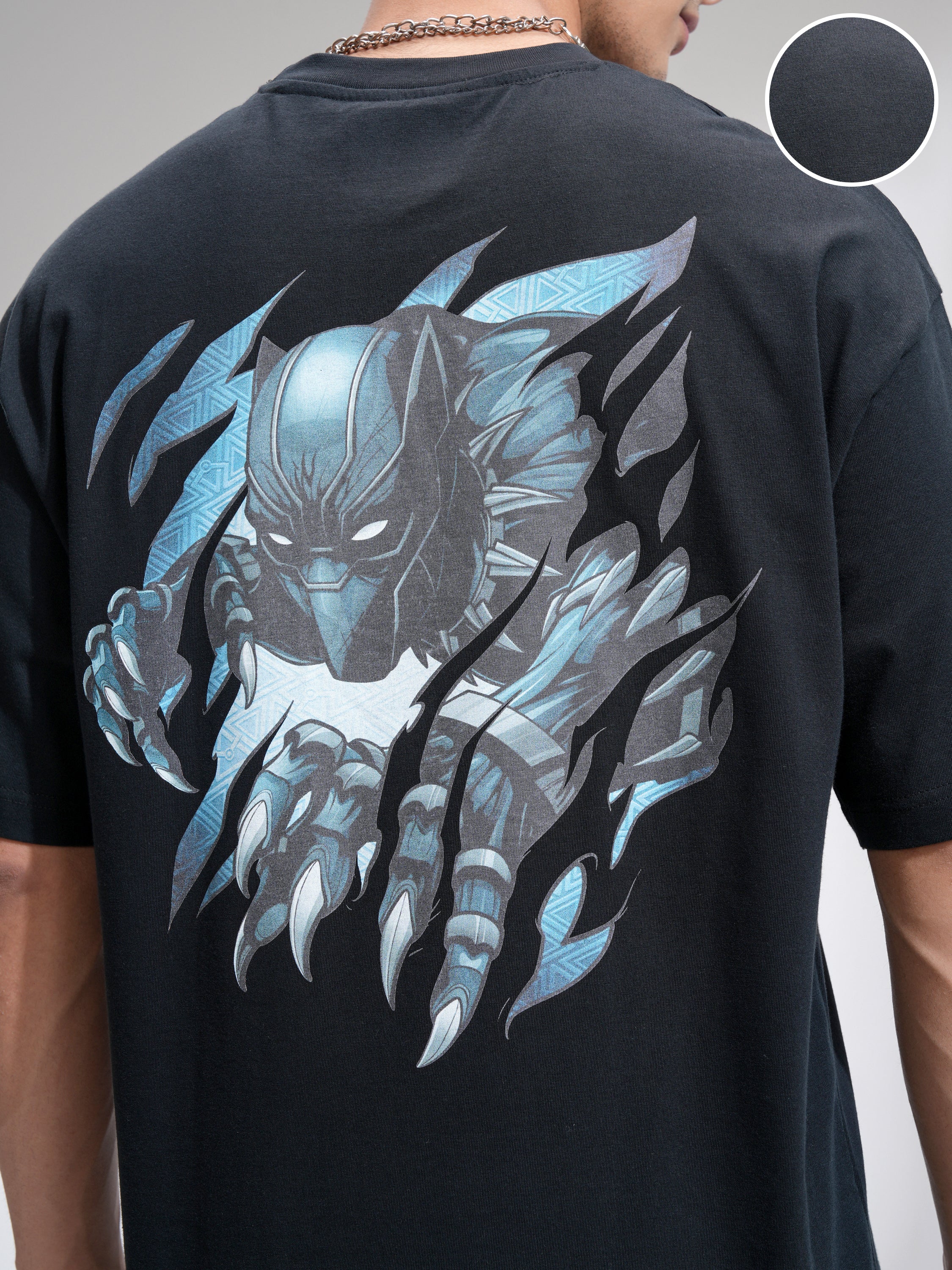 Marvel By Highlander Men Black Black Panther Printed Round Neck Oversized Fit T-Shirt - Black - Image 5