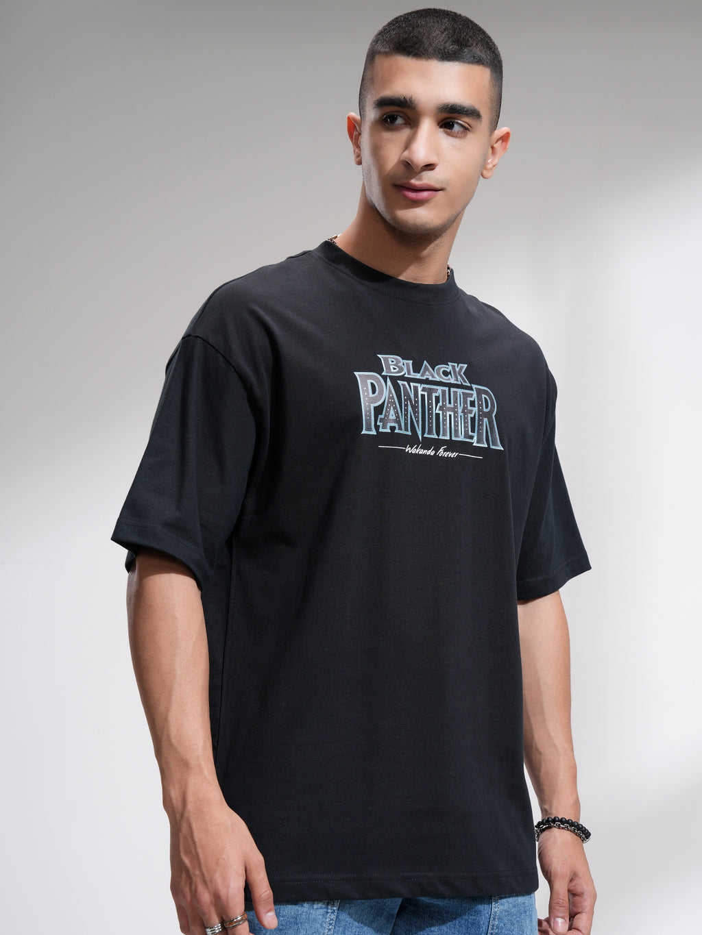 Marvel By Highlander Men Black Black Panther Printed Round Neck Oversized Fit T-Shirt - Black - Image 6