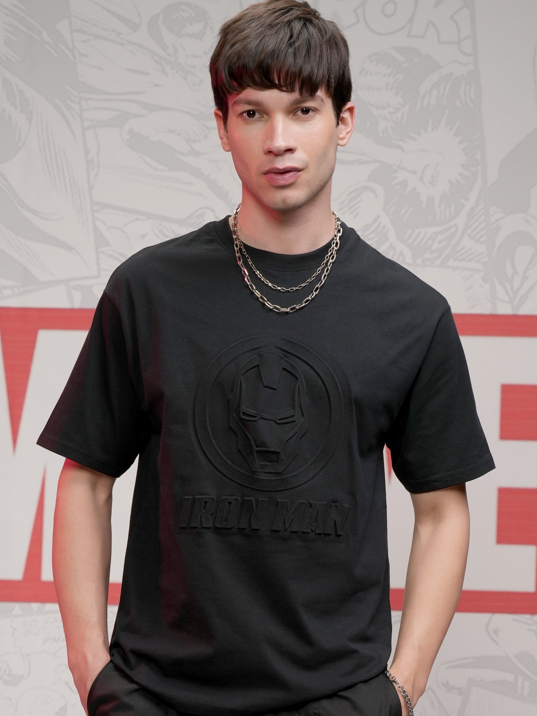 Marvel By Highlander Men Black Iron Man Self Design Round Neck T-Shirt - Black - Image 1