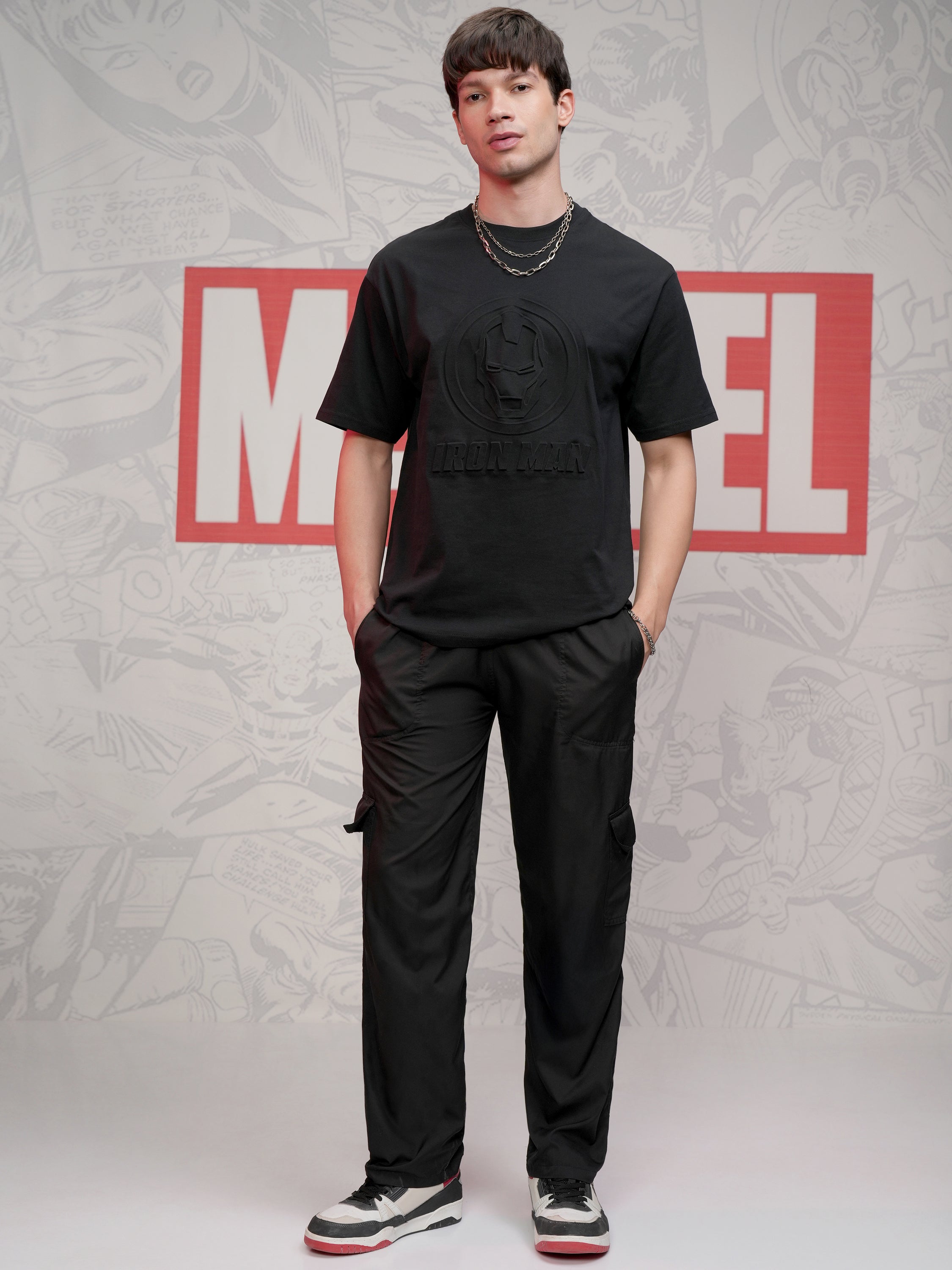 Marvel By Highlander Men Black Iron Man Self Design Round Neck T-Shirt - Black - Image 2