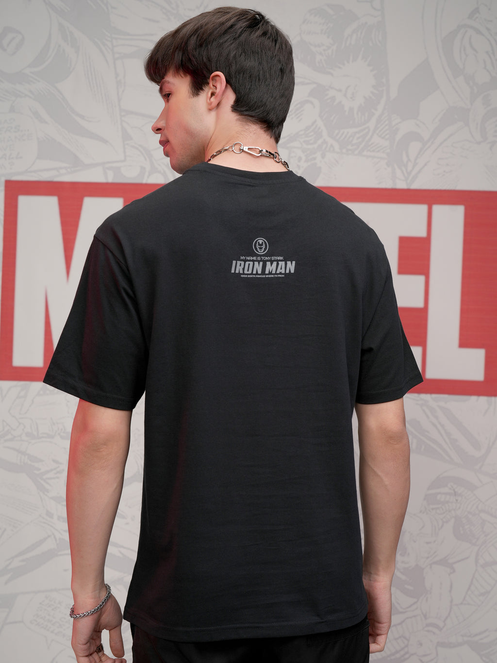 Marvel By Highlander Men Black Iron Man Self Design Round Neck T-Shirt - Black - Image 3