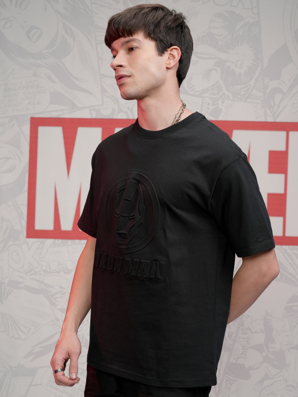 Marvel By Highlander Men Black Iron Man Self Design Round Neck T-Shirt - Black - Image 4