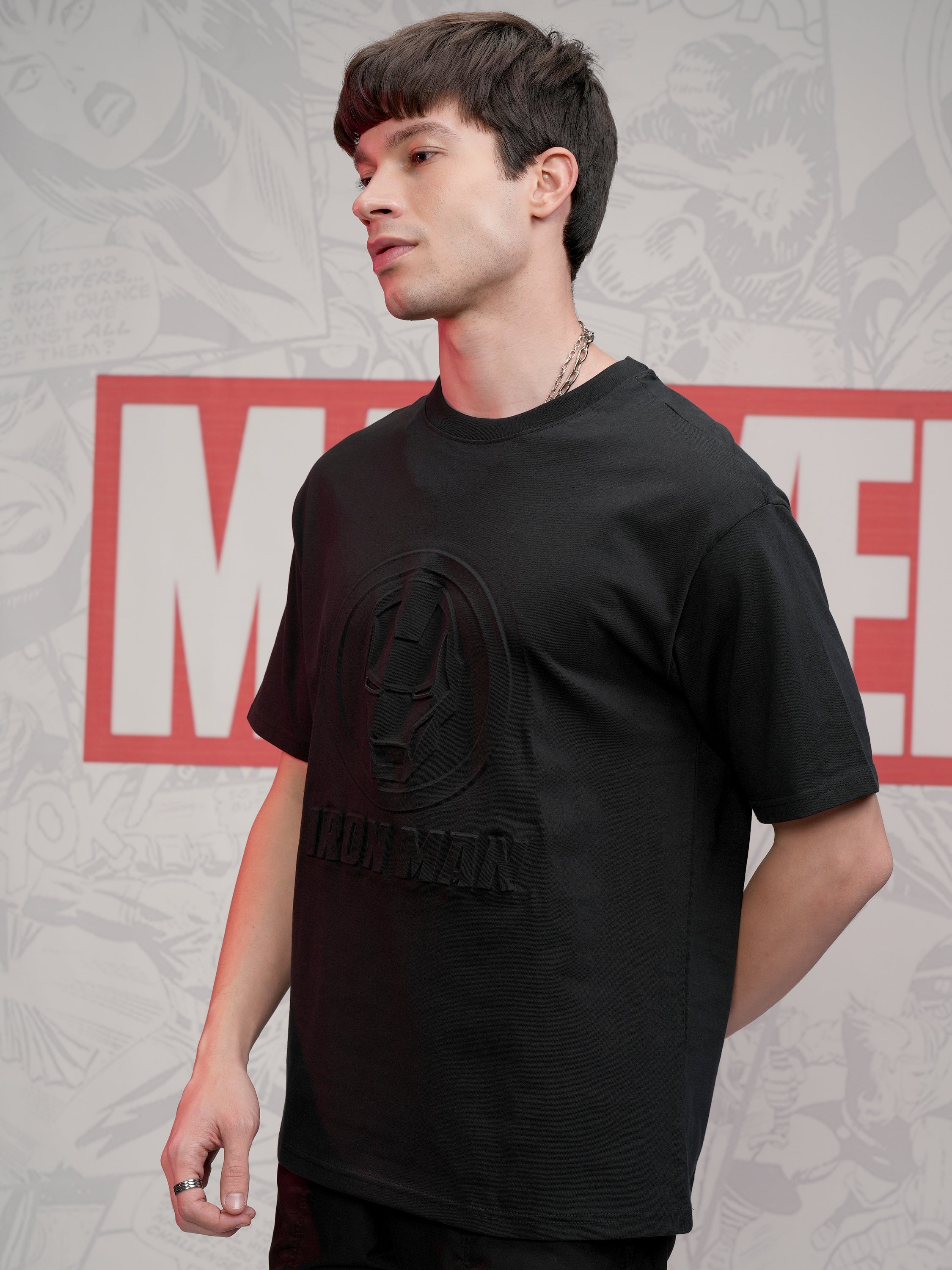 Marvel By Highlander Men Black Iron Man Self Design Round Neck T-Shirt - Black - Image 4