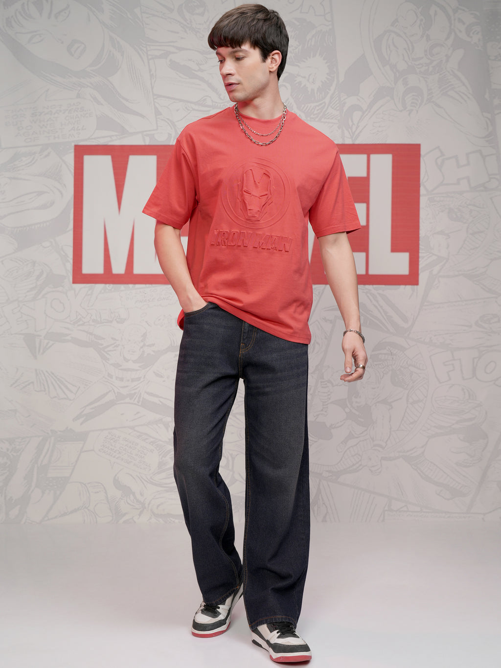 Marvel By Highlander Men Red Iron Man Self Design Round Neck T-Shirt - Red - Image 2