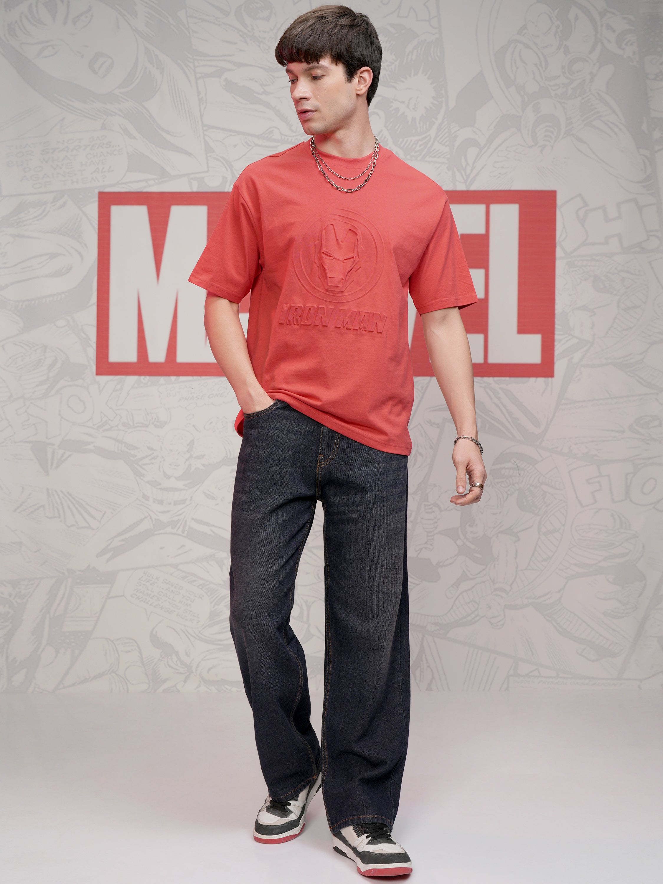 Marvel By Highlander Men Red Iron Man Self Design Round Neck T-Shirt - Red - Image 2