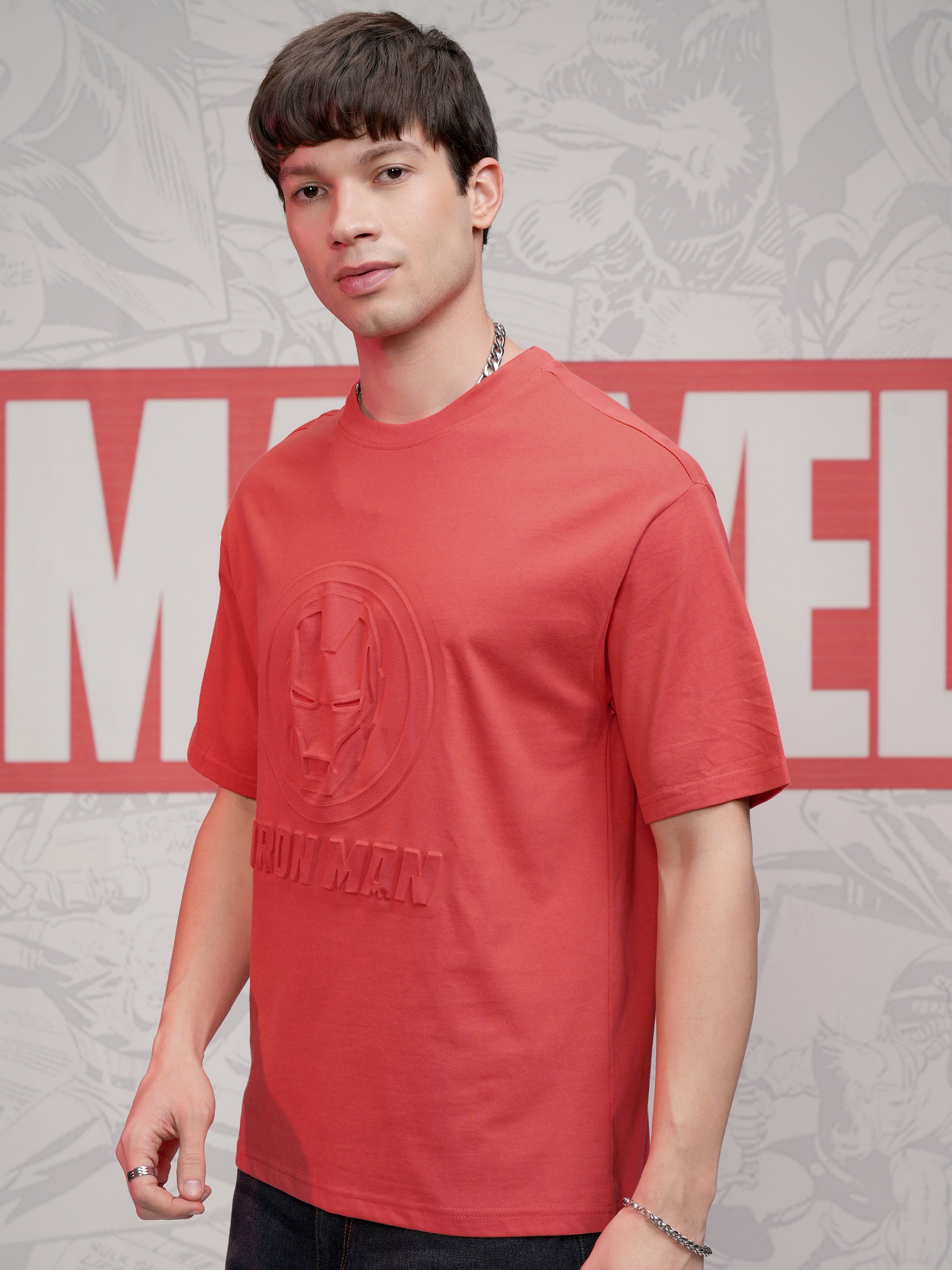 Marvel By Highlander Men Red Iron Man Self Design Round Neck T-Shirt - Red - Image 4