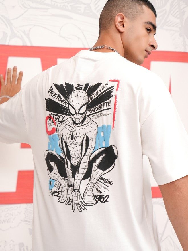 Marvel By Highlander Men Off White Spider-Man Printed Round Neck Oversized Fit T-Shirt - Off White - Image 1