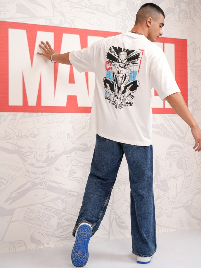 Marvel By Highlander Men Off White Spider-Man Printed Round Neck Oversized Fit T-Shirt - Off White - Image 2