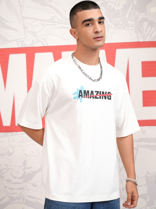 Marvel By Highlander Men Off White Spider-Man Printed Round Neck Oversized Fit T-Shirt - Off White - Image 3