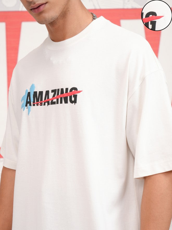 Marvel By Highlander Men Off White Spider-Man Printed Round Neck Oversized Fit T-Shirt - Off White - Image 5
