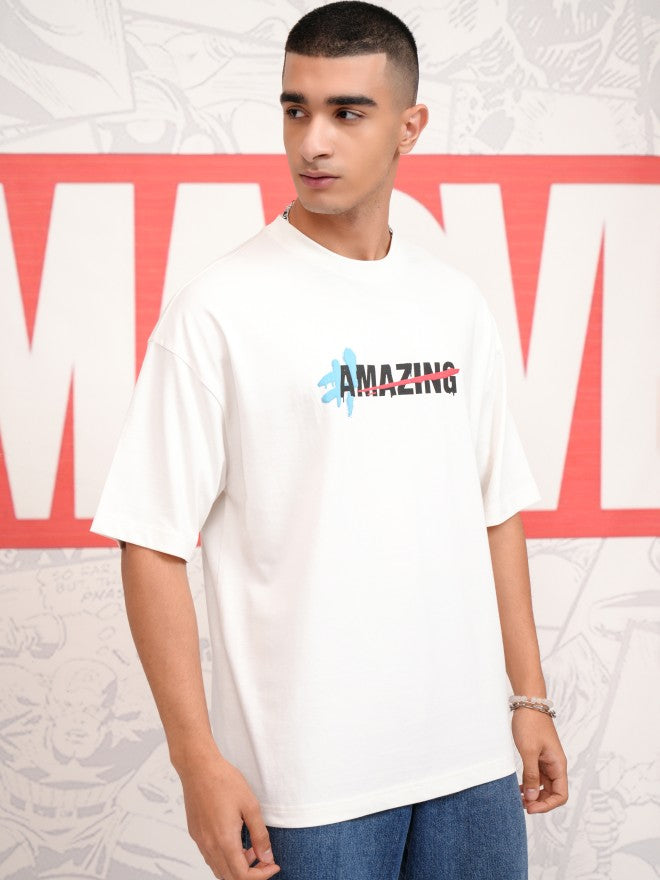 Marvel By Highlander Men Off White Spider-Man Printed Round Neck Oversized Fit T-Shirt - Off White - Image 6