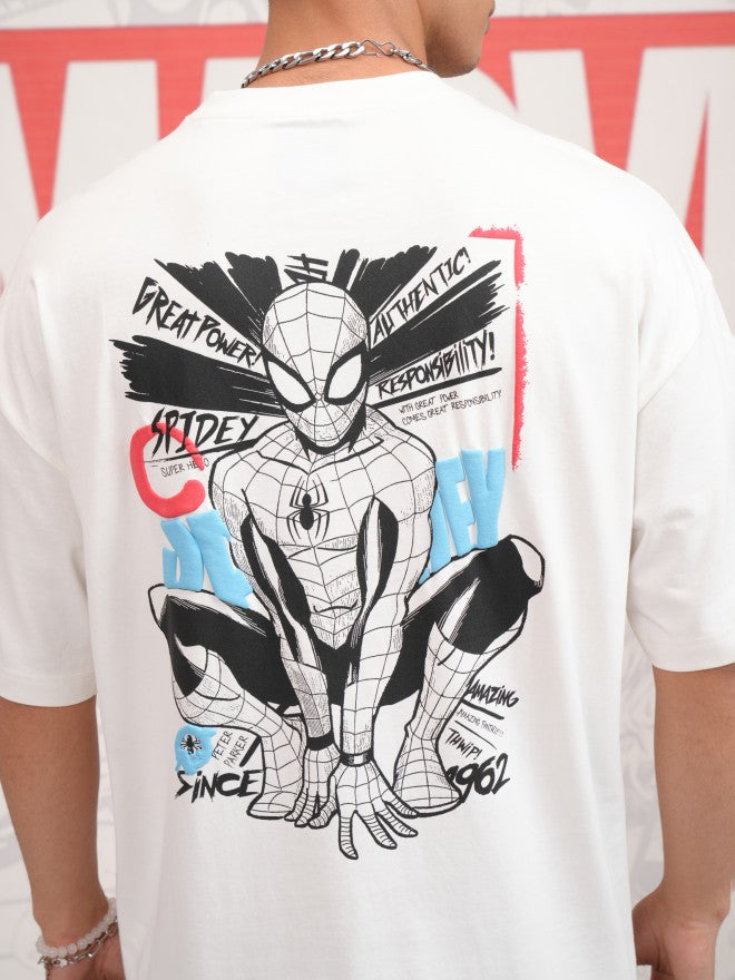Marvel By Highlander Men Off White Spider-Man Printed Round Neck Oversized Fit T-Shirt - Off White - Image 7