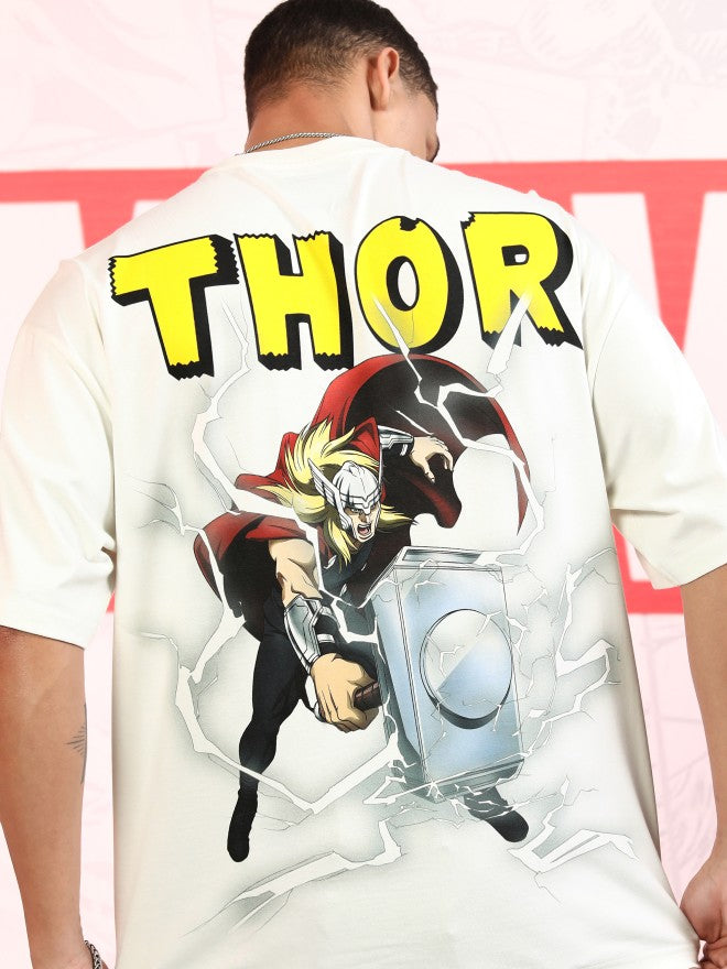 Marvel By Highlander Men Off White Thor Printed Round Neck Oversized Fit T-Shirt - Off White - Image 1