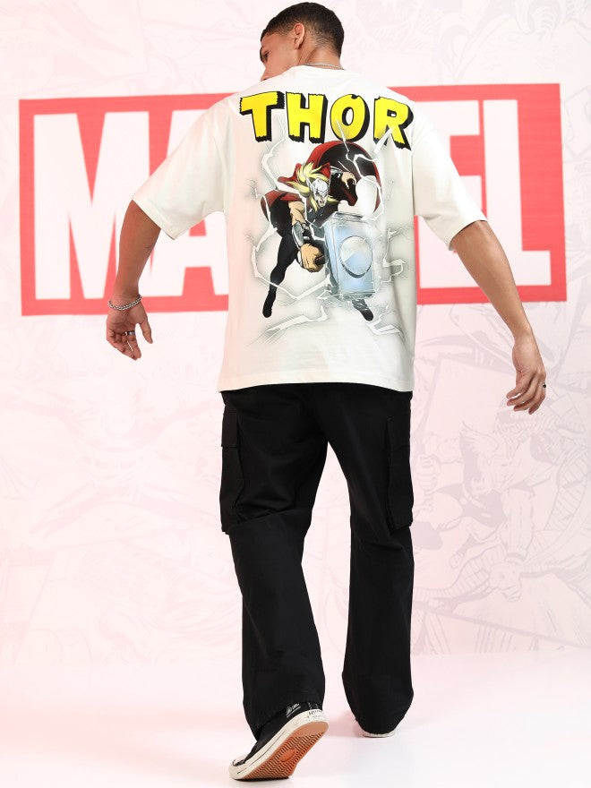 Marvel By Highlander Men Off White Thor Printed Round Neck Oversized Fit T-Shirt - Off White - Image 2