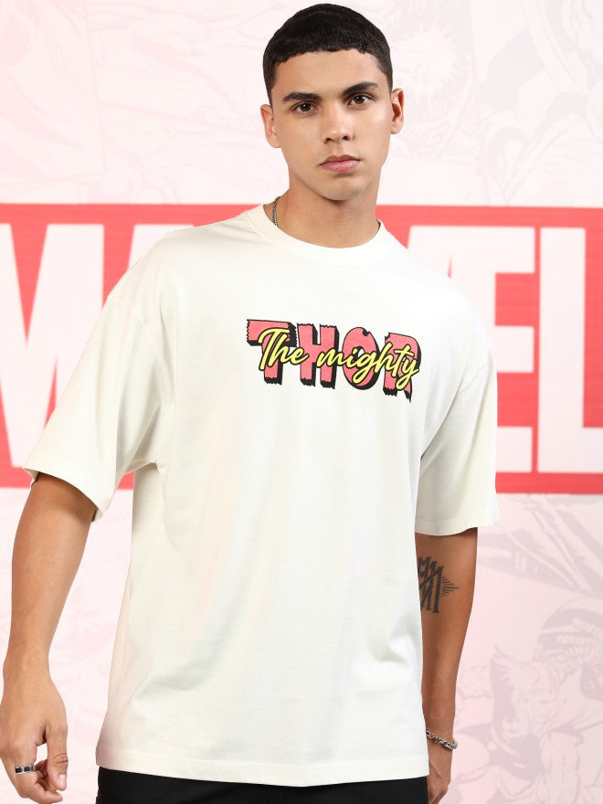 Marvel By Highlander Men Off White Thor Printed Round Neck Oversized Fit T-Shirt - Off White - Image 3