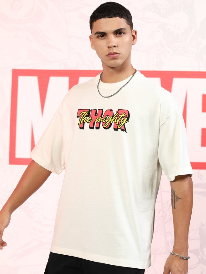 Marvel By Highlander Men Off White Thor Printed Round Neck Oversized Fit T-Shirt - Off White - Image 4
