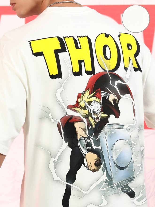 Marvel By Highlander Men Off White Thor Printed Round Neck Oversized Fit T-Shirt - Off White - Image 5
