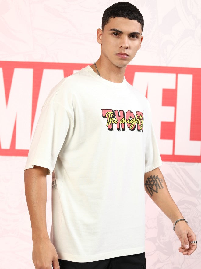 Marvel By Highlander Men Off White Thor Printed Round Neck Oversized Fit T-Shirt - Off White - Image 6