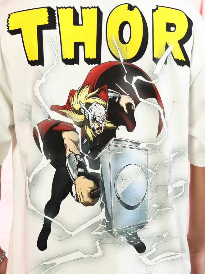 Marvel By Highlander Men Off White Thor Printed Round Neck Oversized Fit T-Shirt - Off White - Image 7