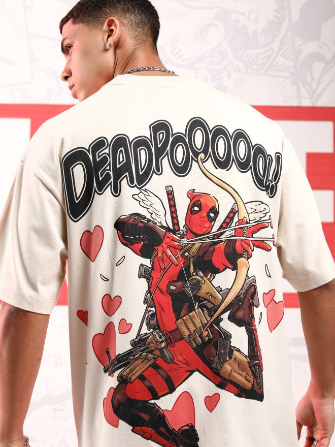Marvel By Highlander Men Cream Deadpool Printed Round Neck Oversized Fit T-Shirt - Cream - Image 1