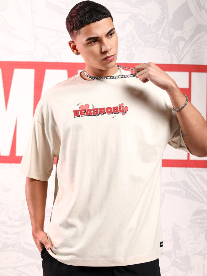 Marvel By Highlander Men Cream Deadpool Printed Round Neck Oversized Fit T-Shirt - Cream - Image 3