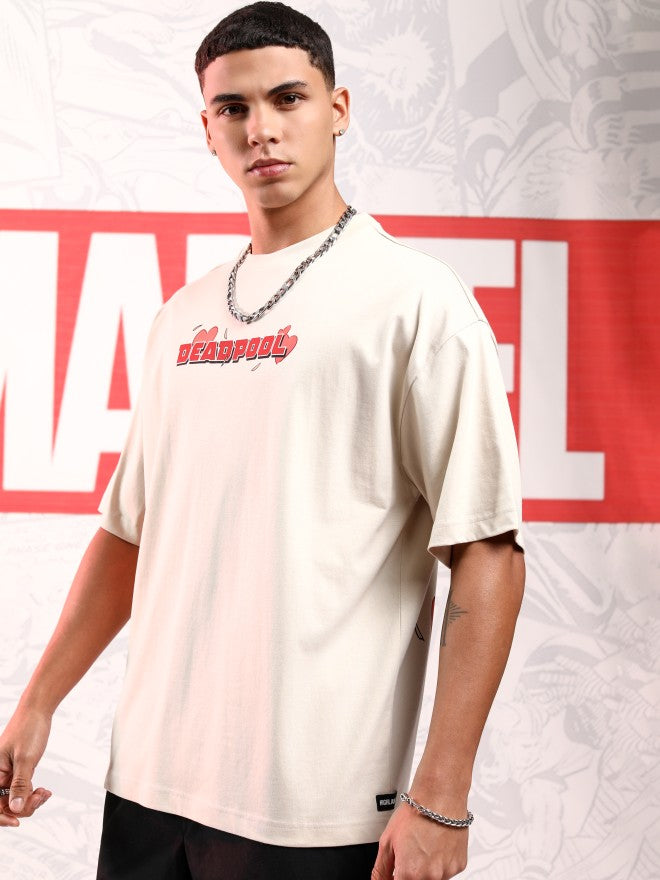 Marvel By Highlander Men Cream Deadpool Printed Round Neck Oversized Fit T-Shirt - Cream - Image 4