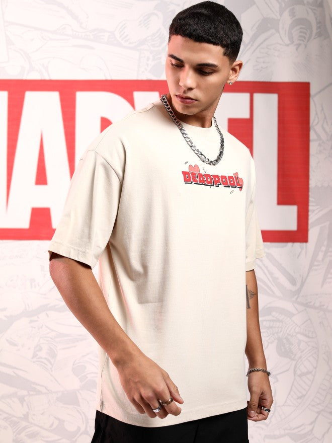 Marvel By Highlander Men Cream Deadpool Printed Round Neck Oversized Fit T-Shirt - Cream - Image 6