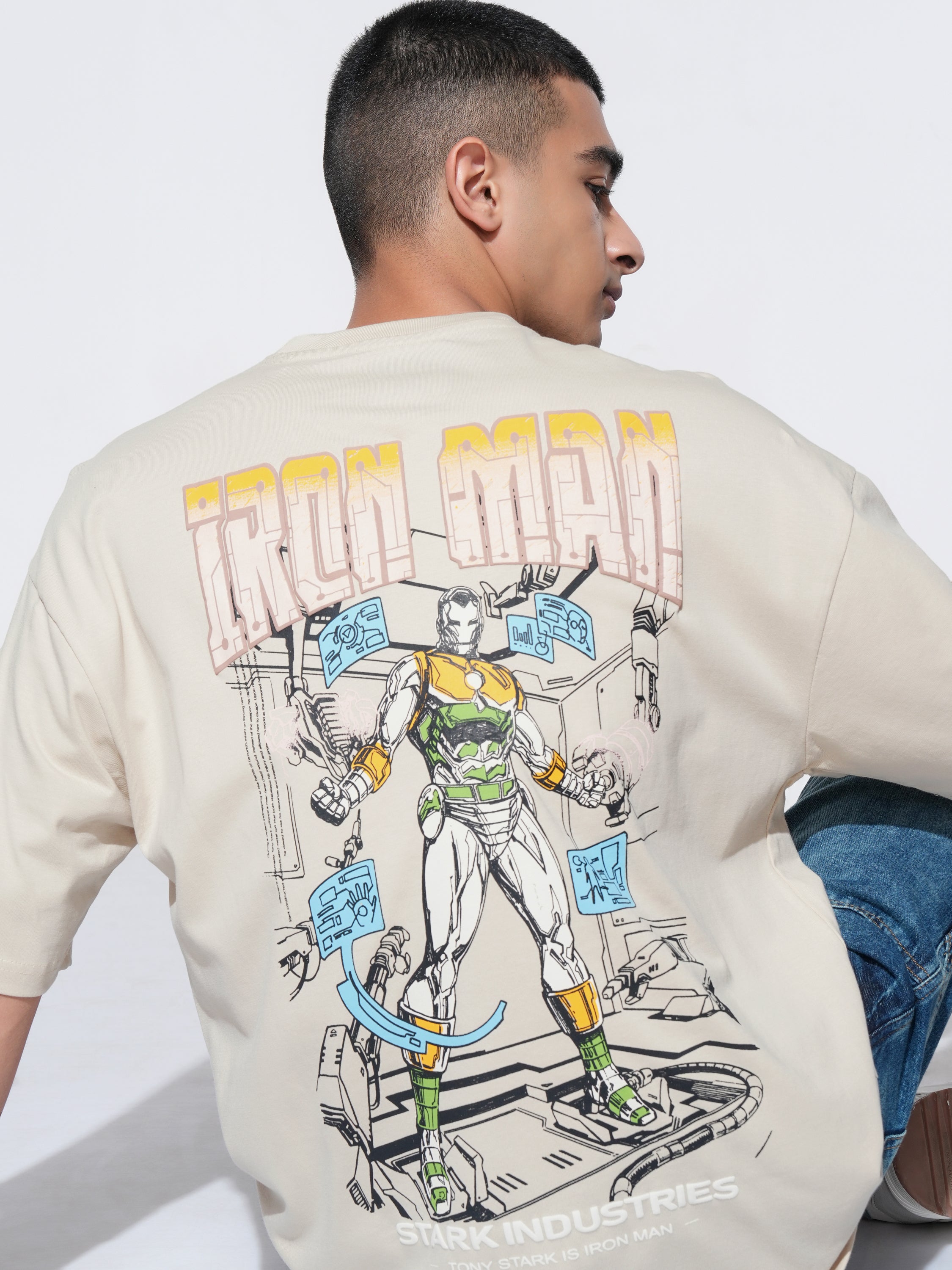 Marvel By Highlander Men Cream Iron Man Printed Round Neck Oversized Fit T-Shirt - Cream - Image 1