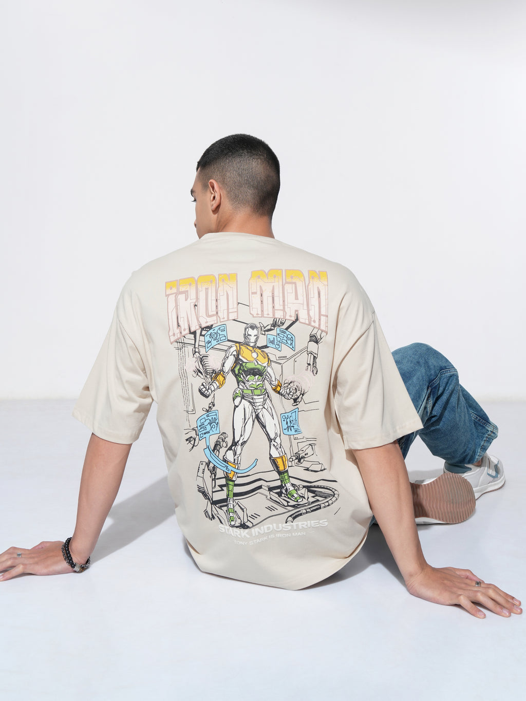 Marvel By Highlander Men Cream Iron Man Printed Round Neck Oversized Fit T-Shirt - Cream - Image 2