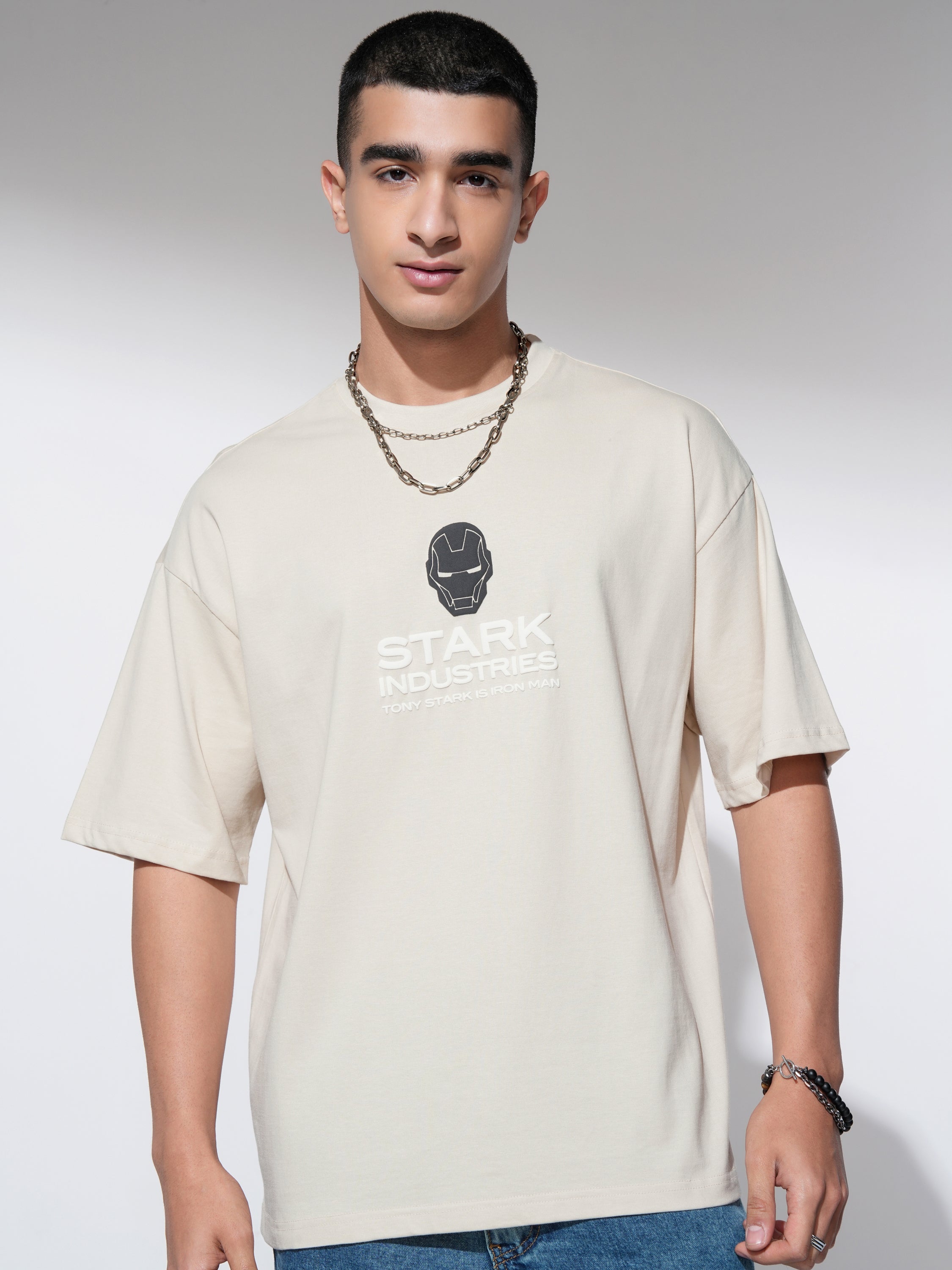 Marvel By Highlander Men Cream Iron Man Printed Round Neck Oversized Fit T-Shirt - Cream - Image 3
