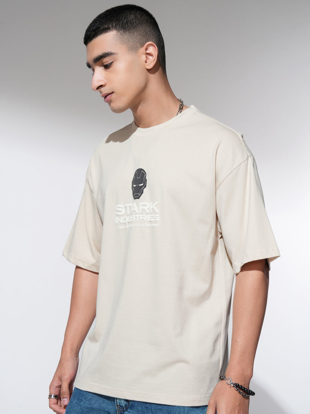 Marvel By Highlander Men Cream Iron Man Printed Round Neck Oversized Fit T-Shirt - Cream - Image 4